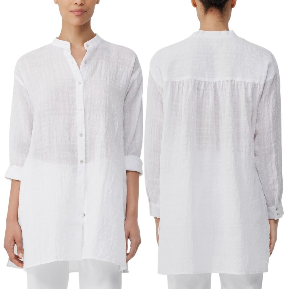 Eileen Fisher 1X White Mandarin Collar Buttoned Shirt Mother of Pearl Lagenlook